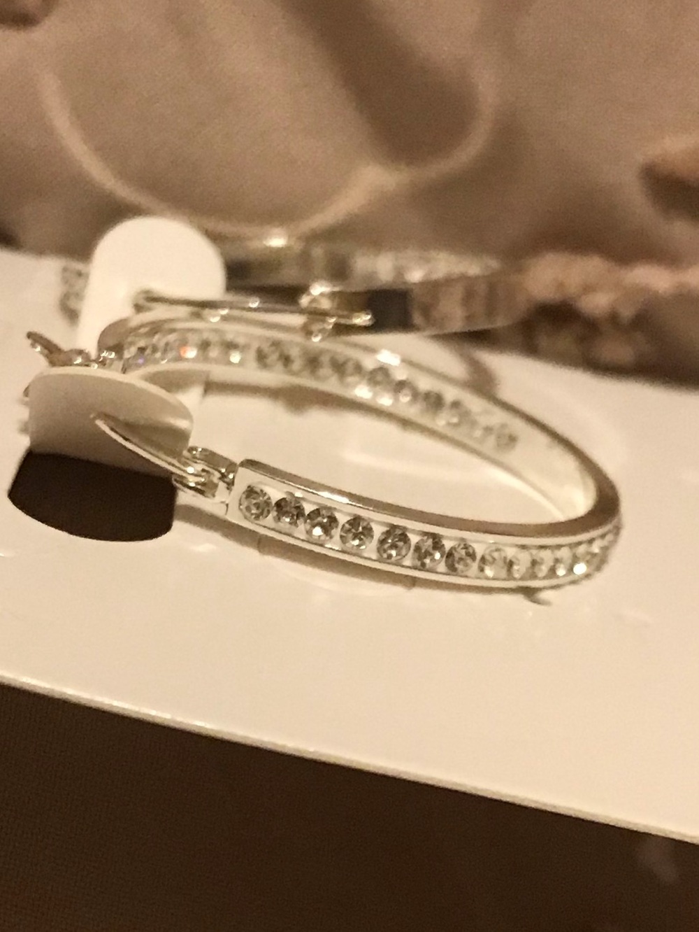 Silver Tone Textured Hoop Earrings - with inside / outside Rhinestones - Picture 2 of 3